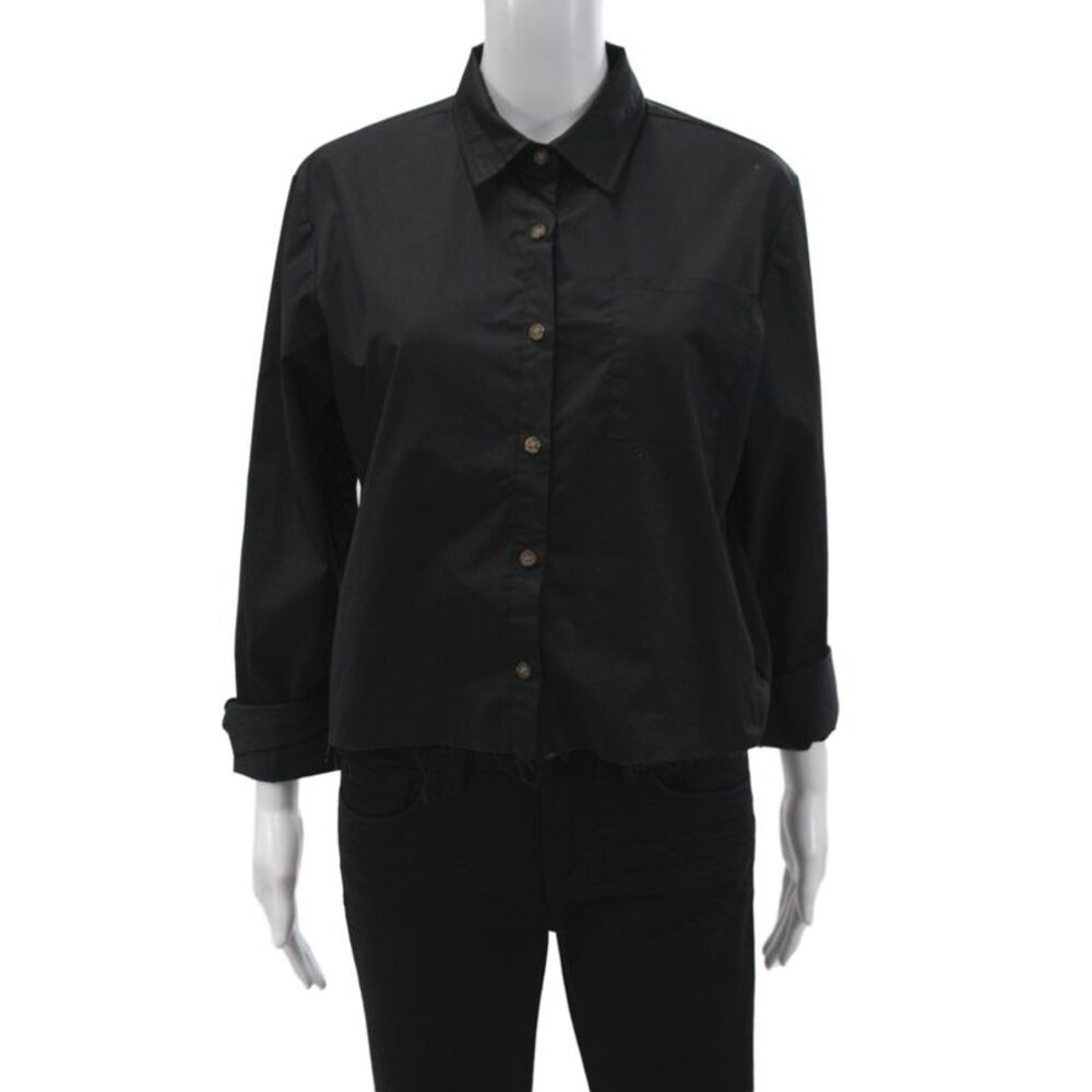 Muze Womens Cropped Collared Cotton Button Up Top Black Long Sleeve Size M